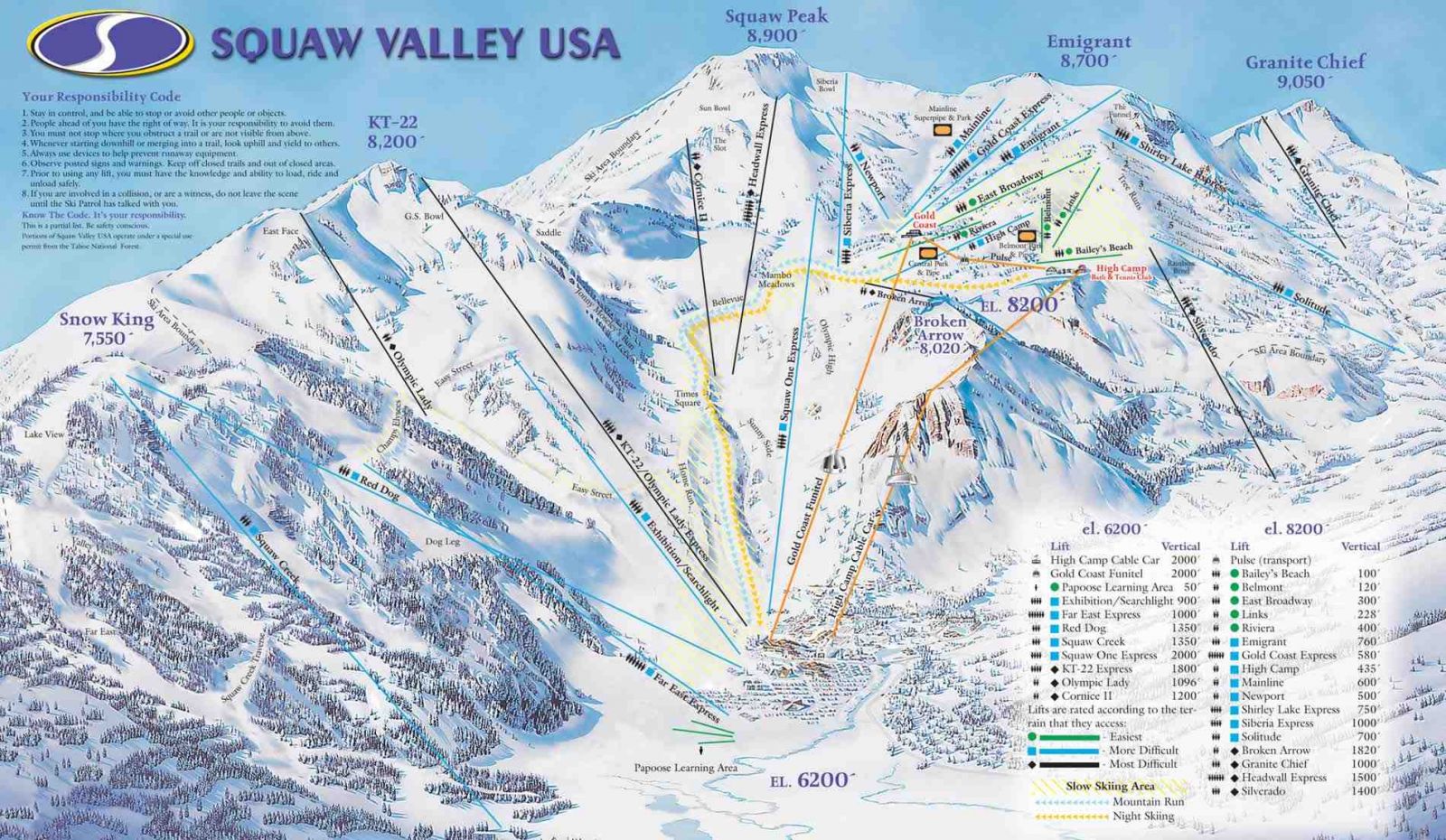 Squaw Valley Ski Area Trail Map, Lake Tahoe