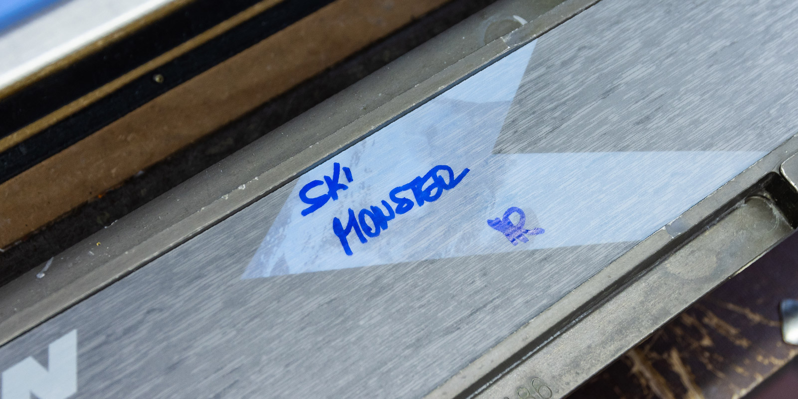 Ski Monster label on a ski made by staff 