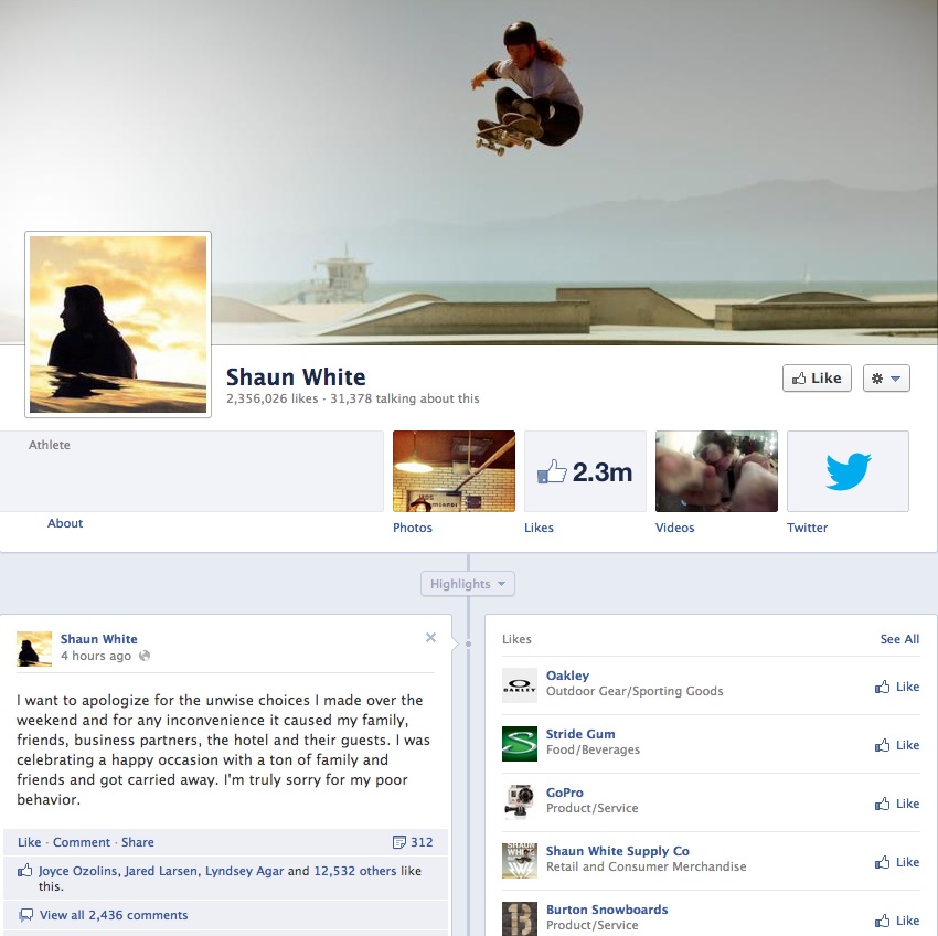 Shaun White Arrest Facebook Apology