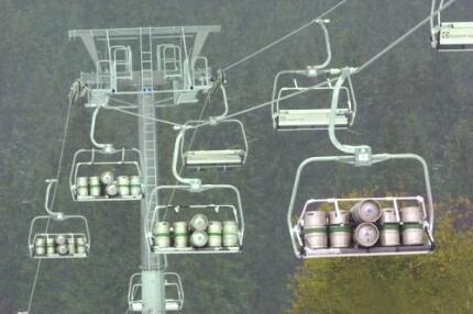 Beer Kegs on Chairlift, How they get beer to the top.